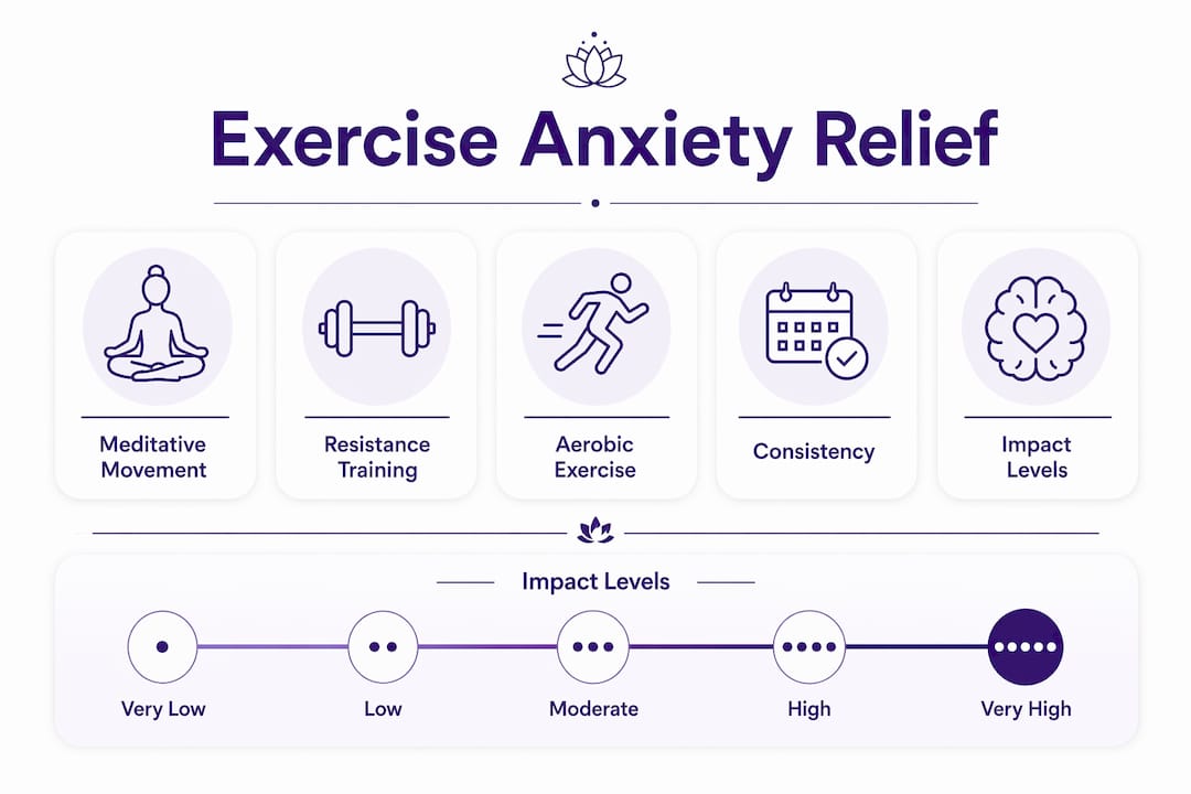Infographic ranking exercise types by anxiety relief impact