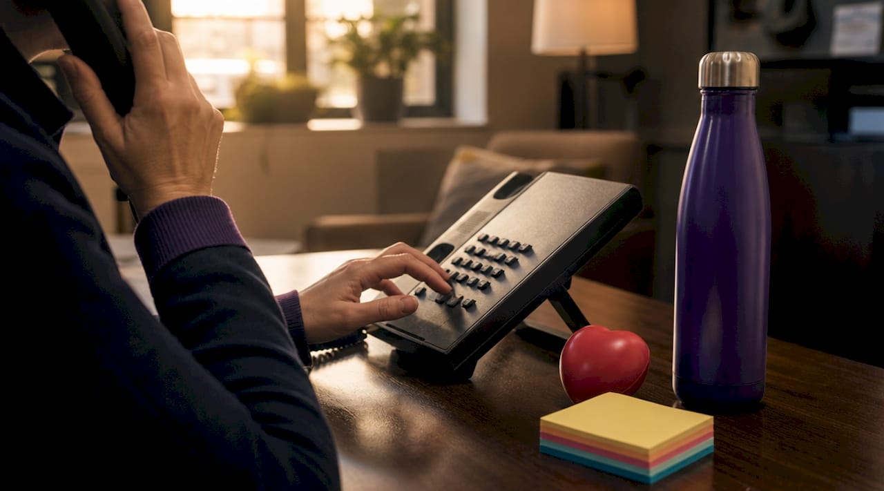 Crisis counselor hands holding phone receiver at desk
