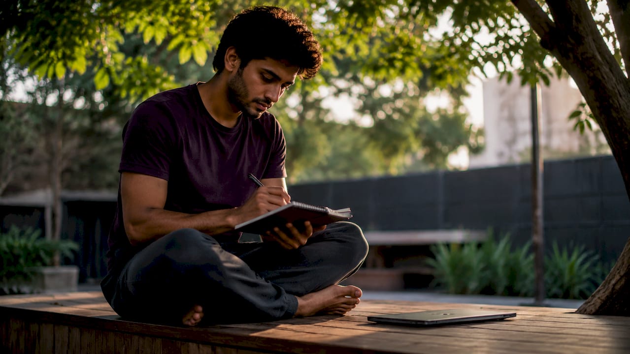 Man focused writing notes during mental health assessment