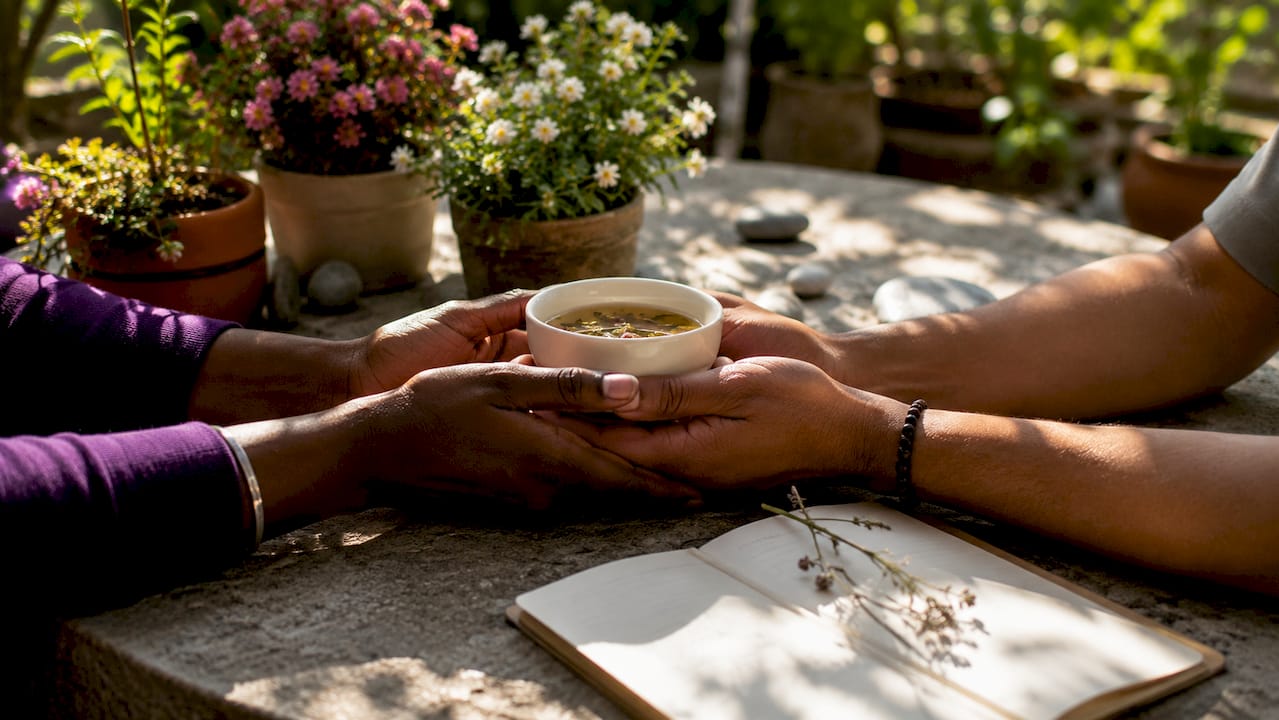 Hands holding tea over notebook with affirmations