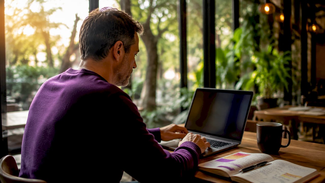 Man engaging with AI CBT therapy on laptop