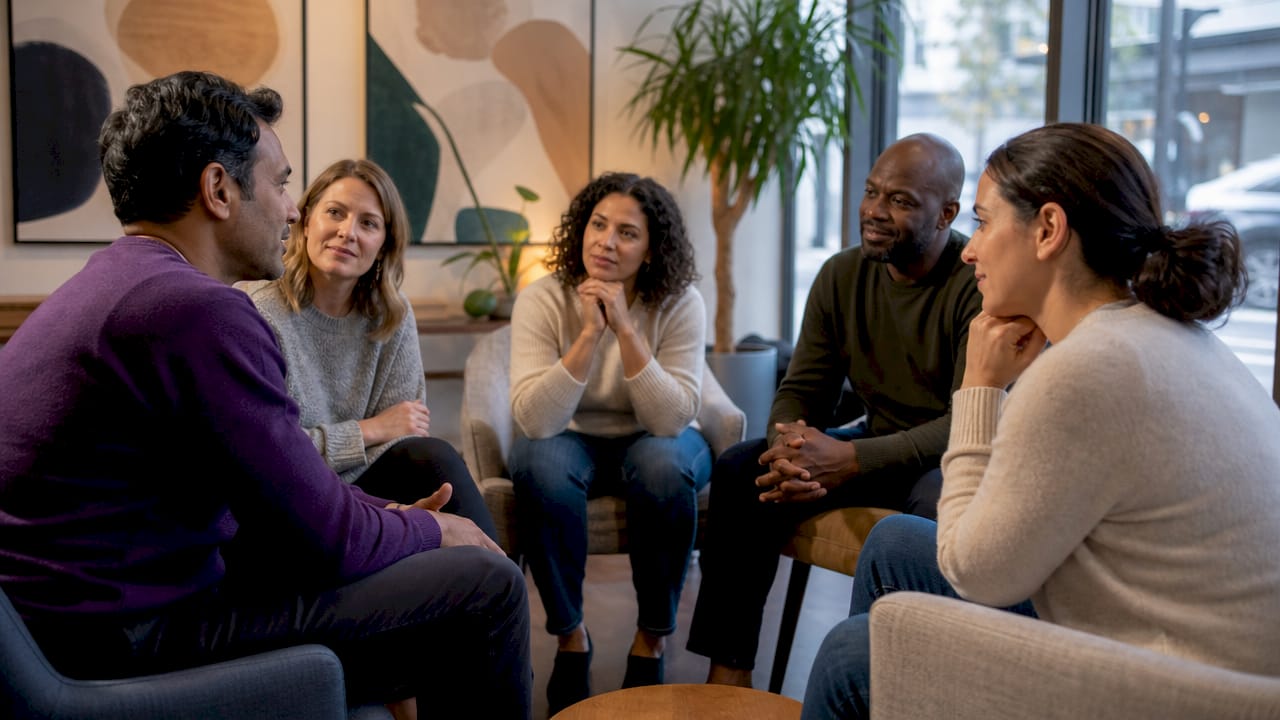 Diverse group therapy session in community room