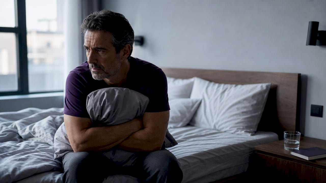 Man awake in bed looking anxious