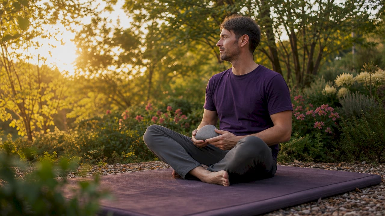 Hands holding stress relief stone in meditation