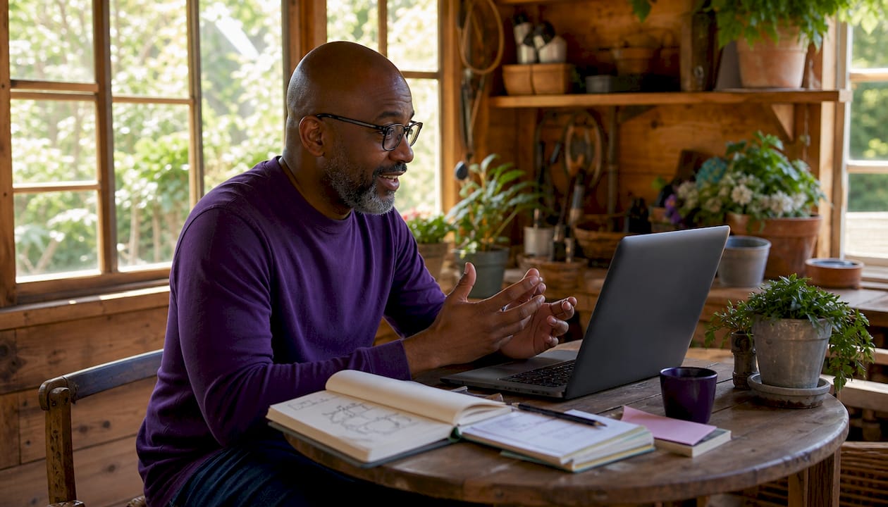 Man in rural home attending video therapy
