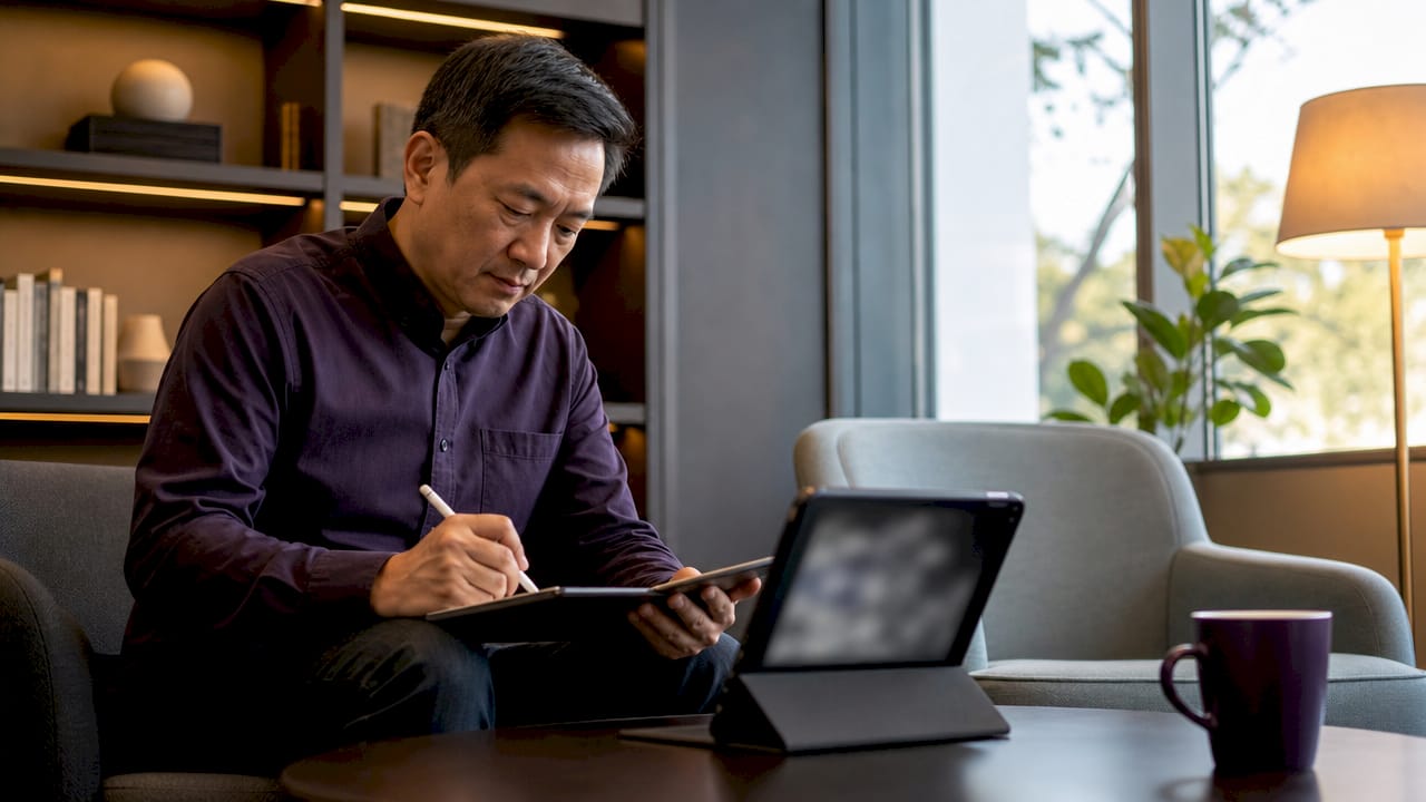 Therapist using AI mental health technology tablet