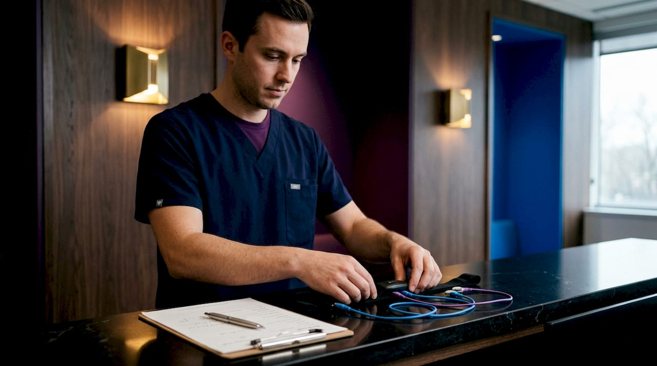 Clinician adjusting biofeedback sensors on desk