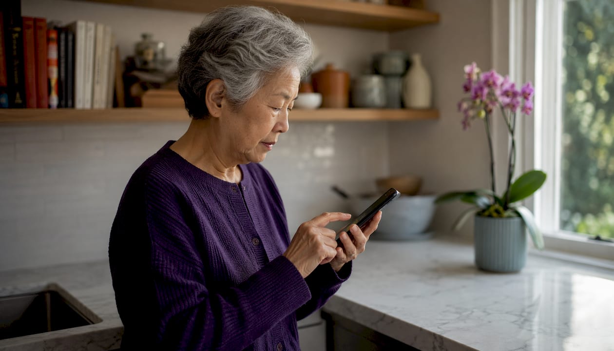 Elderly woman entering emergency contact info on phone