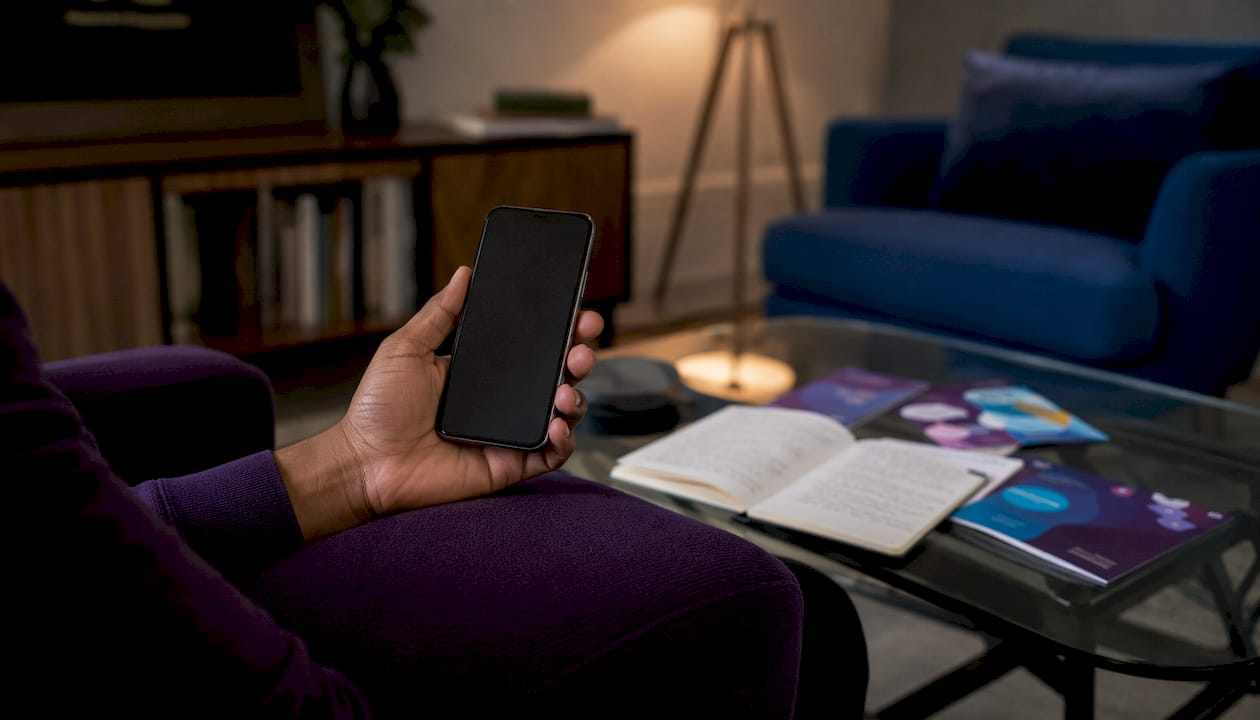 Close-up of hand scrolling mental health app on smartphone