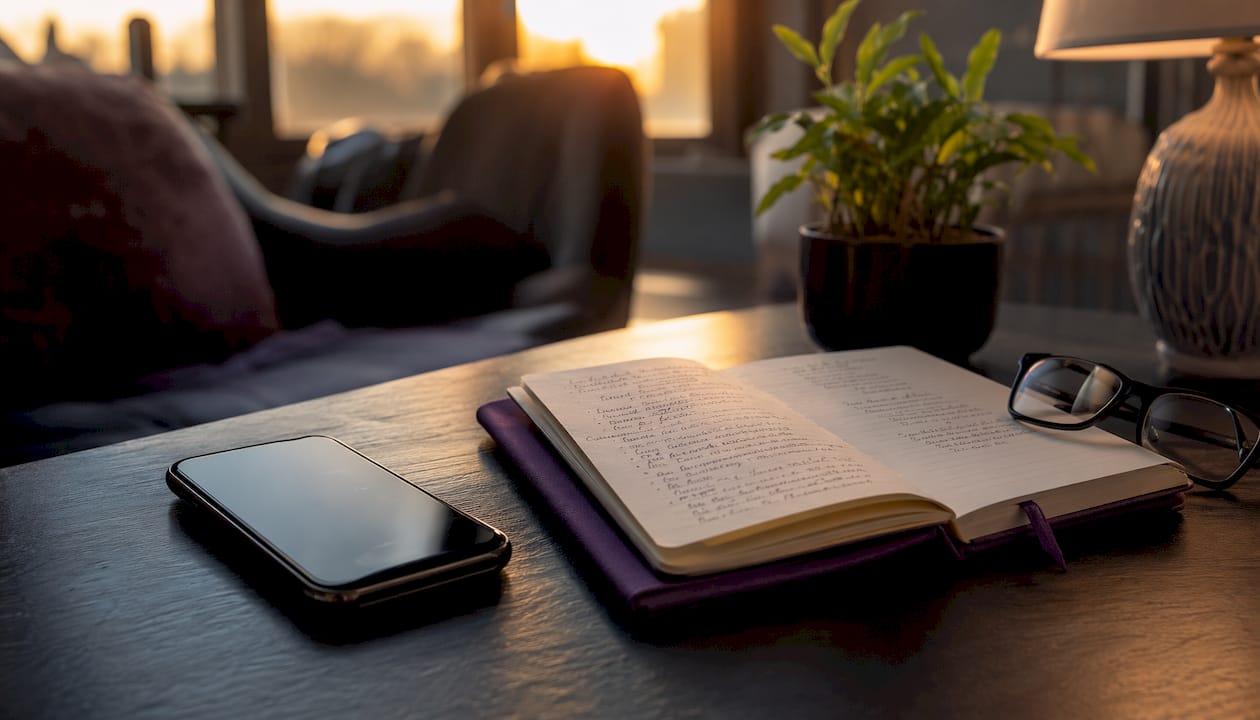Bedside table with music playlist and notebook