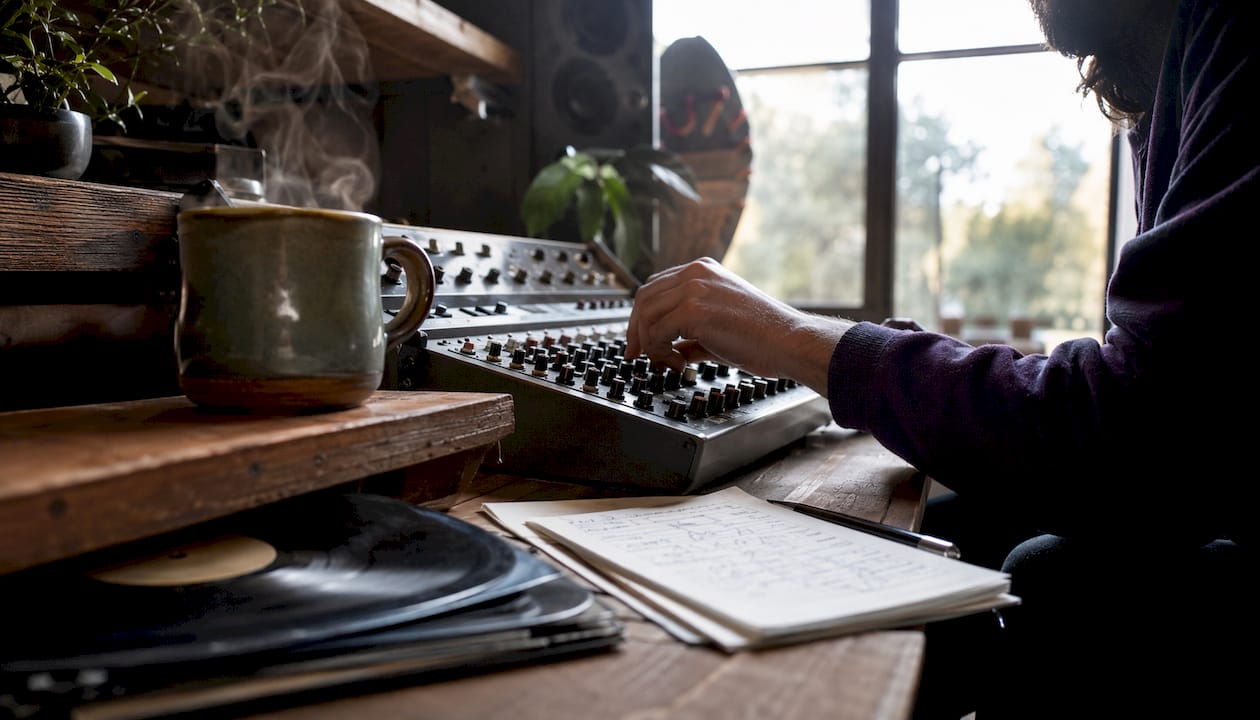 Hand adjusting mixing console in studio