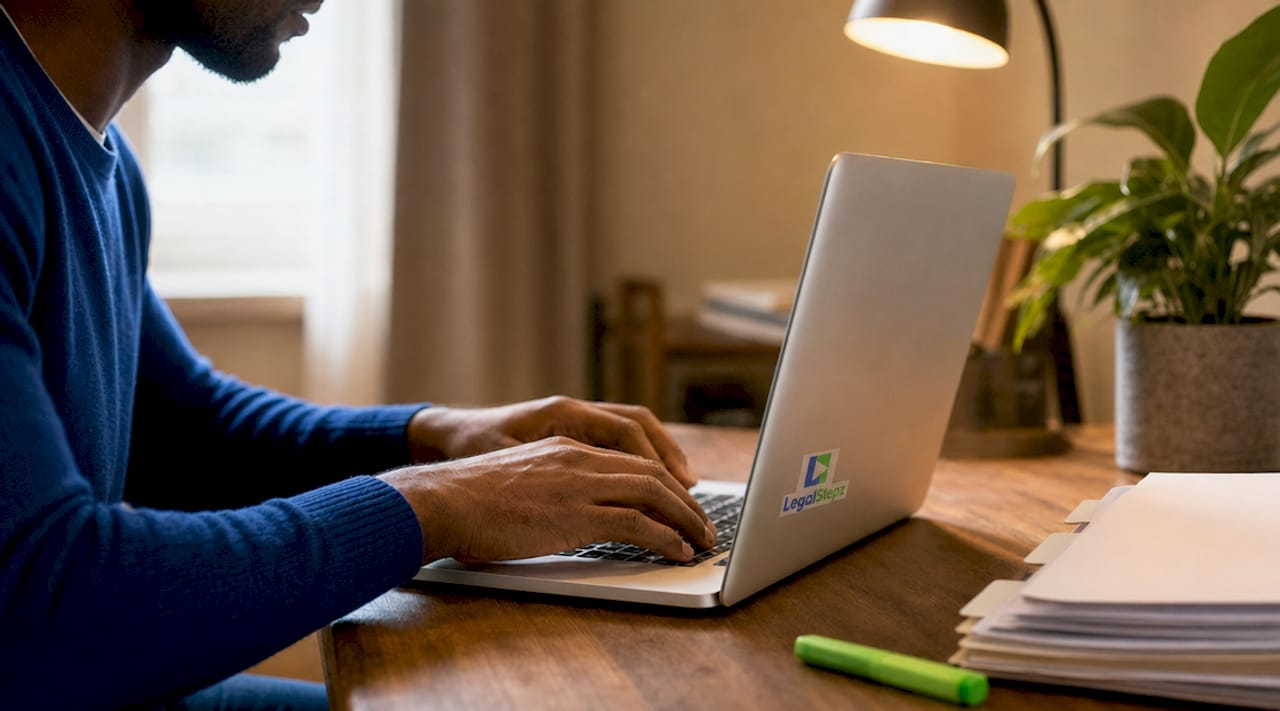 Hands typing corporate meeting records on laptop