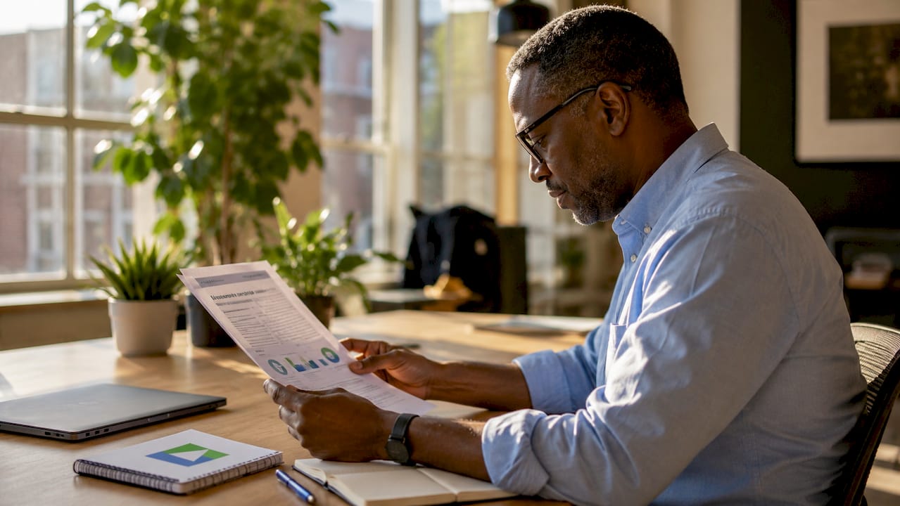Man reviewing corporate compliance report over shoulder view