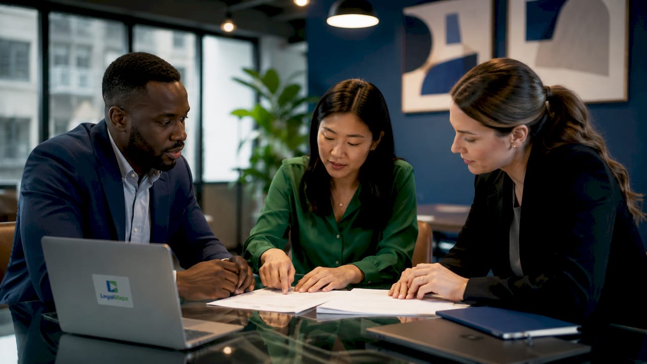 Diverse corporate team collaborating on compliance