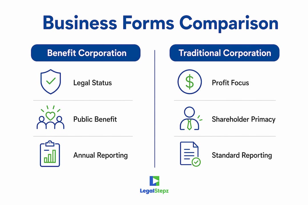 Infographic comparing Benefit Corporation and Traditional Corporation