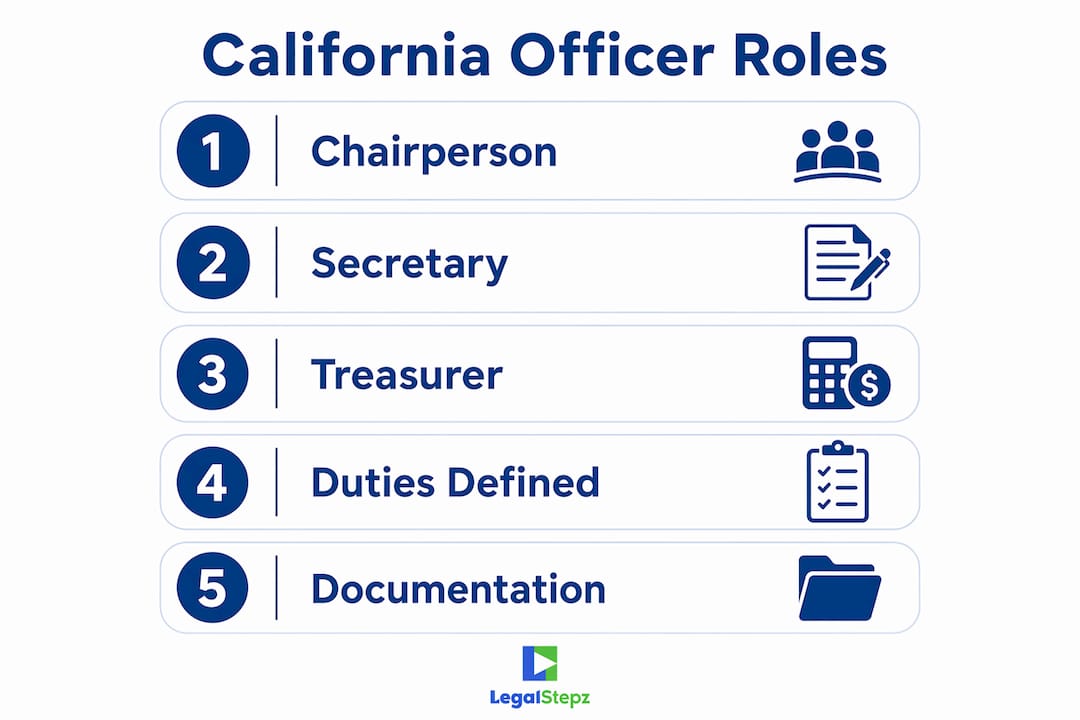 Infographic showing California mandatory corporate officer roles in steps