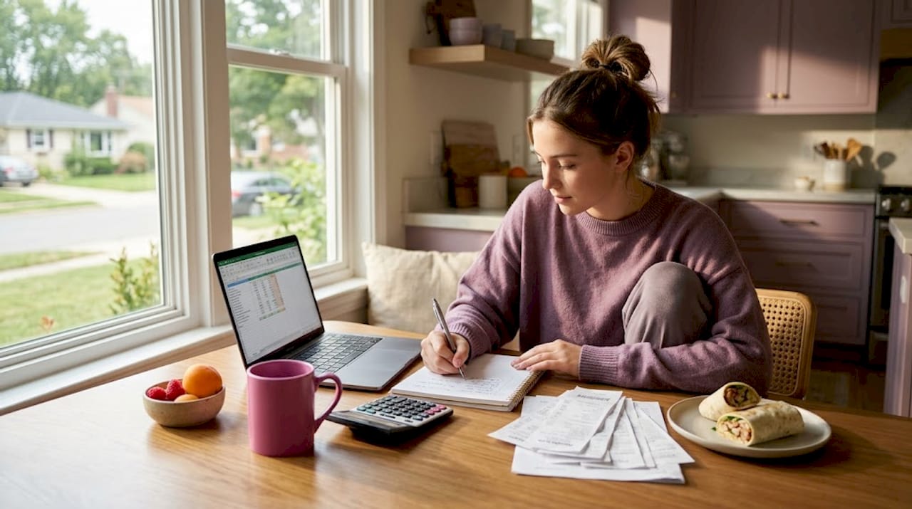 Student budgeting expenses at kitchen table