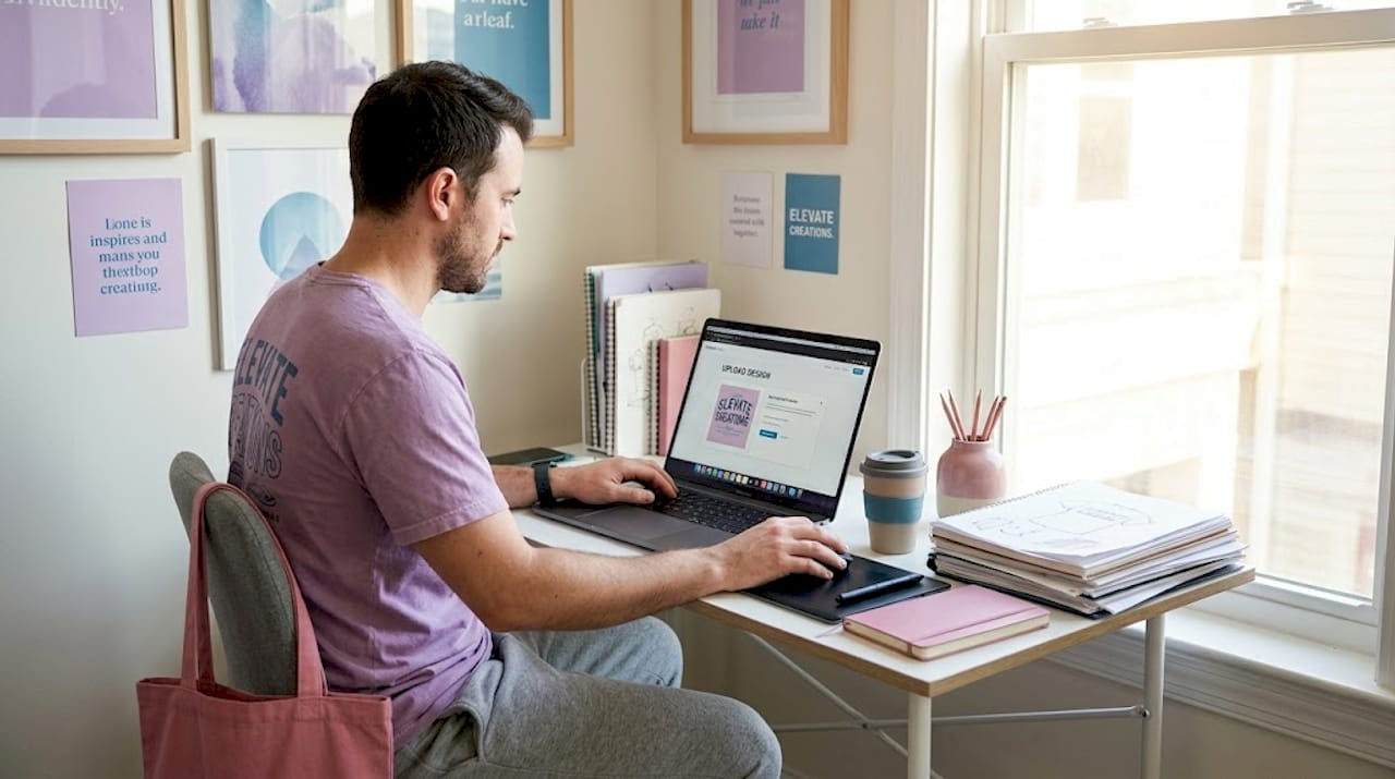 Man uploading T-shirt design at desk