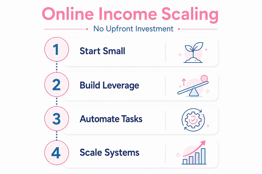 Infographic showing four steps to online income scaling