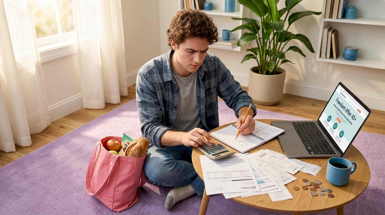 College student reviewing bills and budgeting on sofa