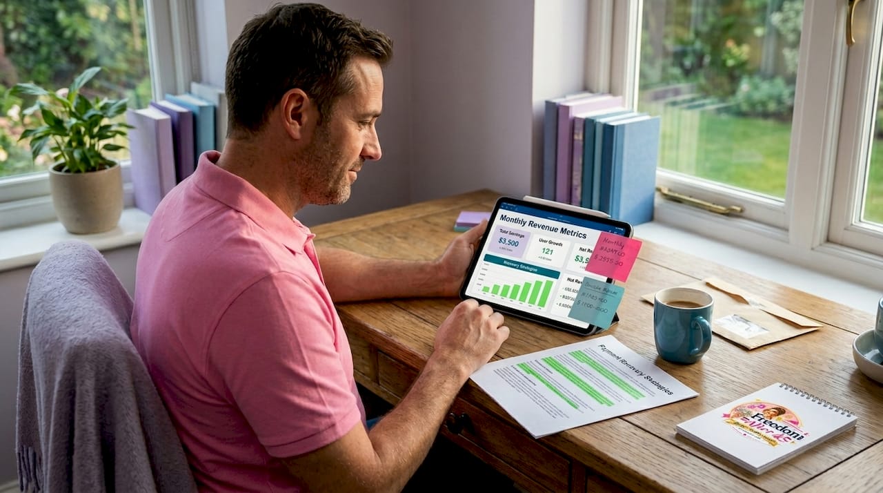 Man analyzing revenue metrics at kitchen table