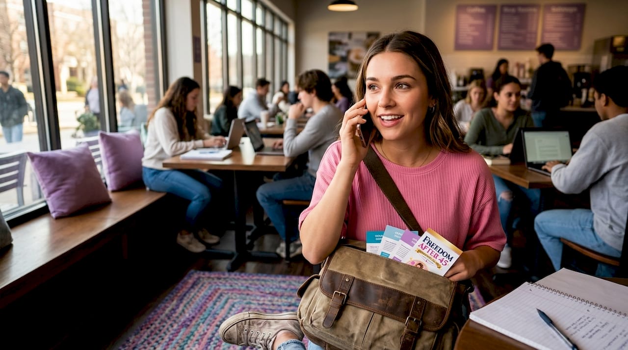 Student contacting clients in campus common area