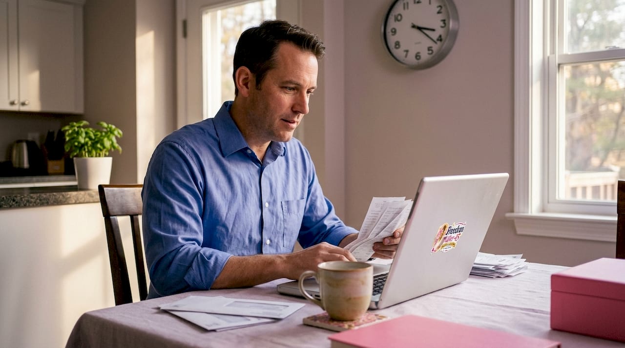 Person budgeting at kitchen table with receipts
