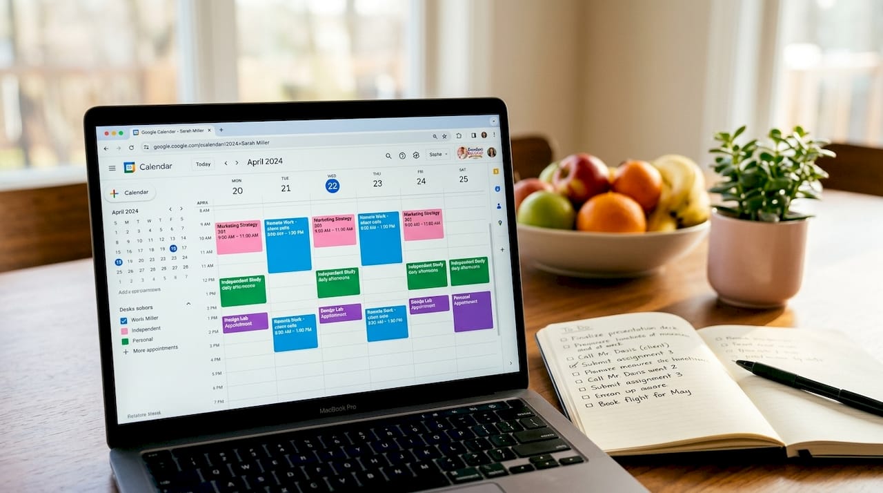 Student's Google Calendar showing work schedule