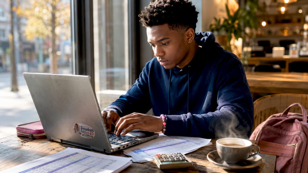 Student calculating online pay structure at library desk