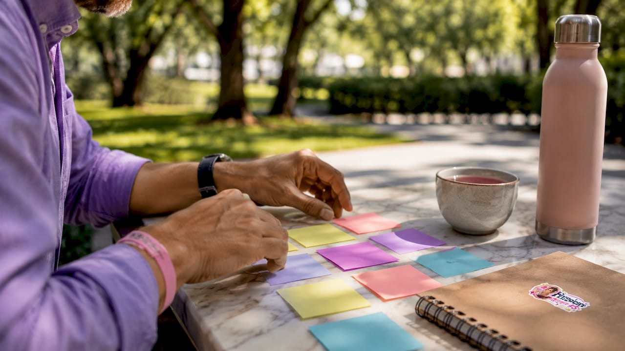 Hands organizing content creation cards on table