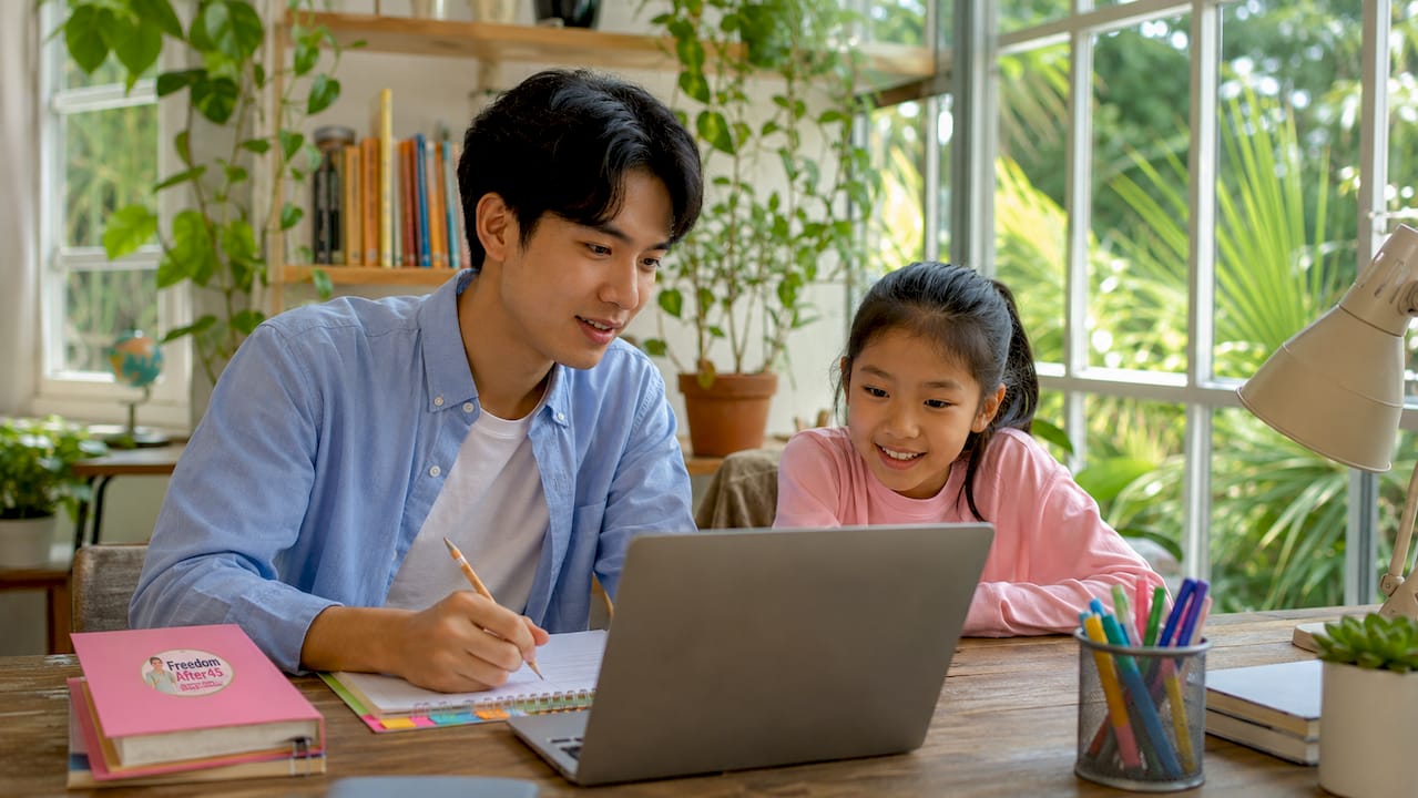 Student tutoring child online from bedroom desk