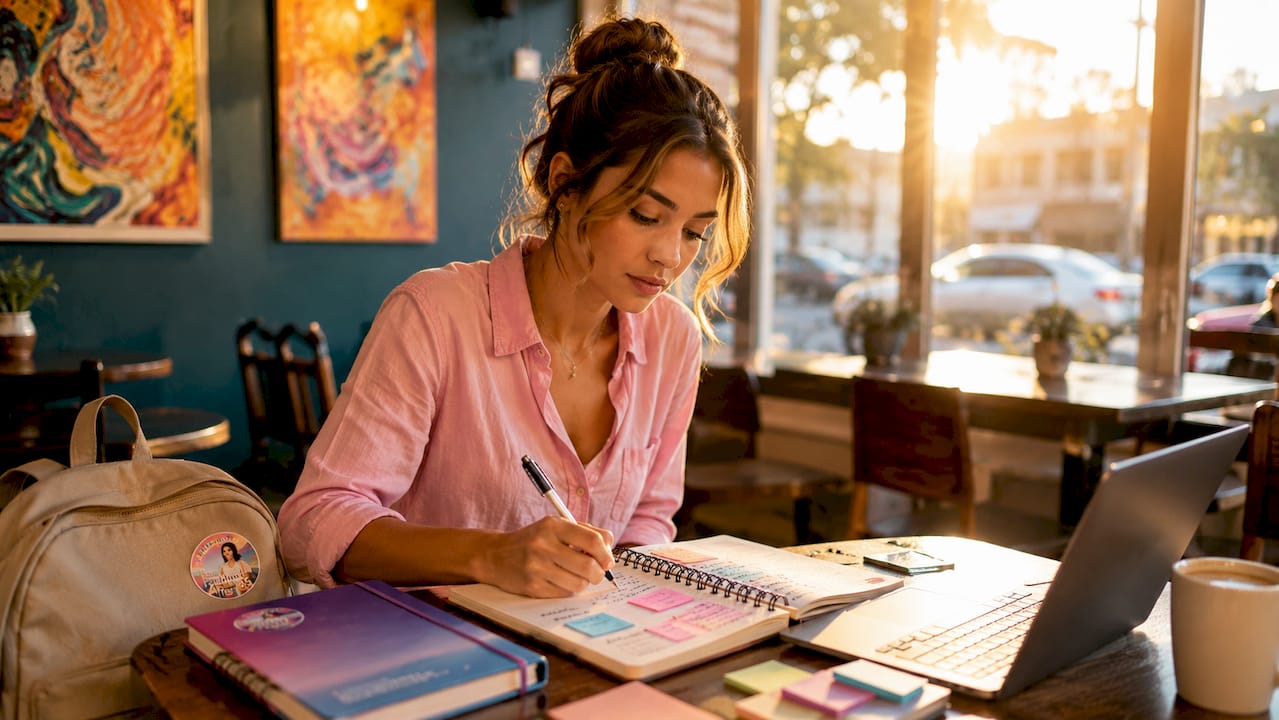 Hands listing skills and freelance opportunities on paper