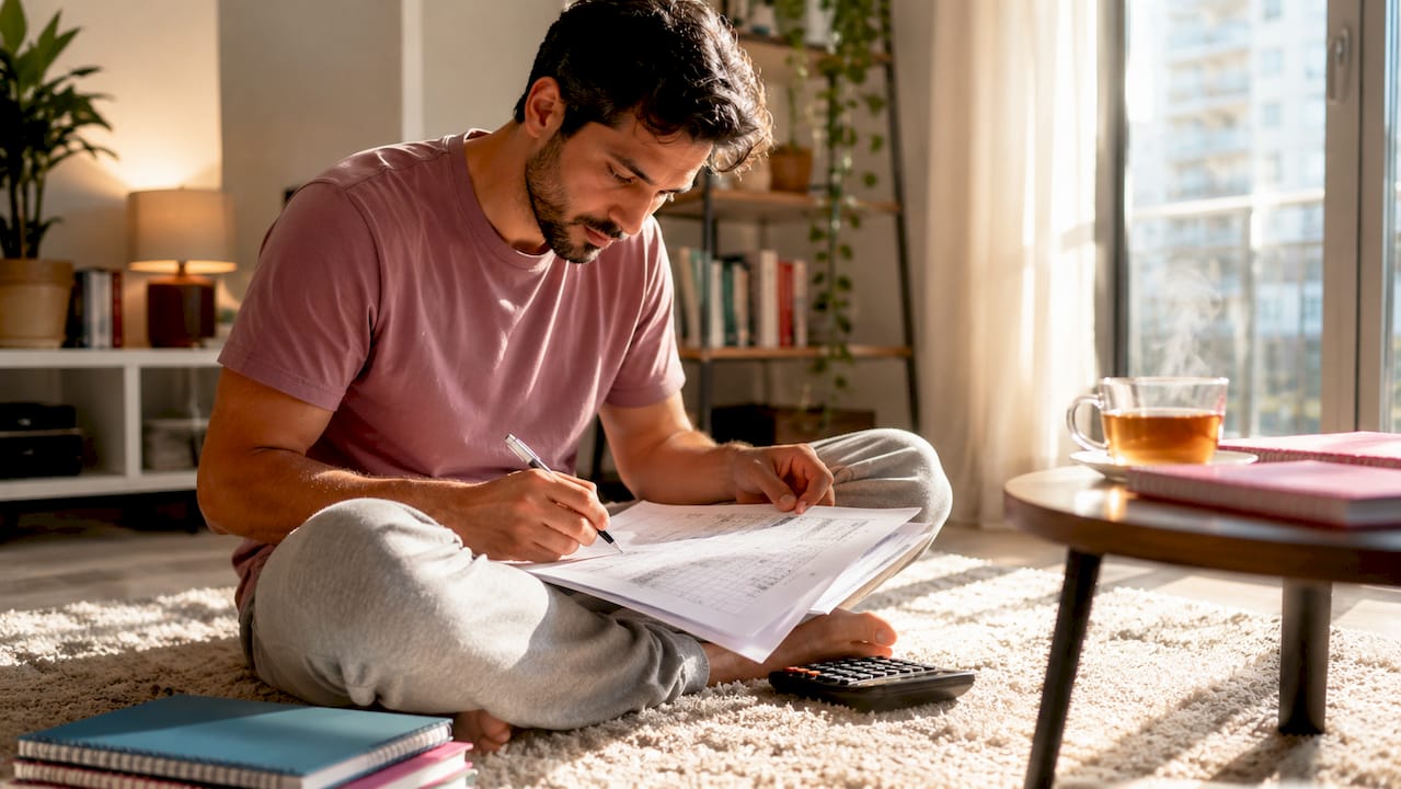 Man calculating active income at home