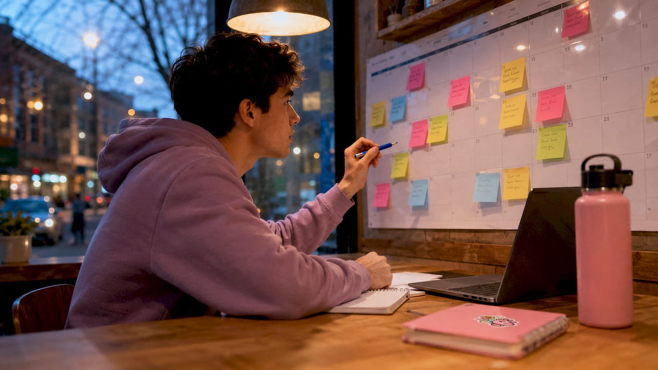 Student planning schedule with calendar and sticky notes