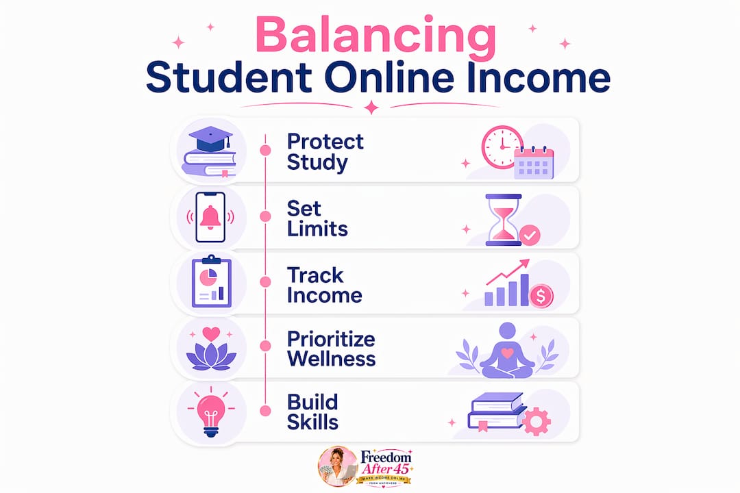Infographic depicting steps to balance student online income and wellness