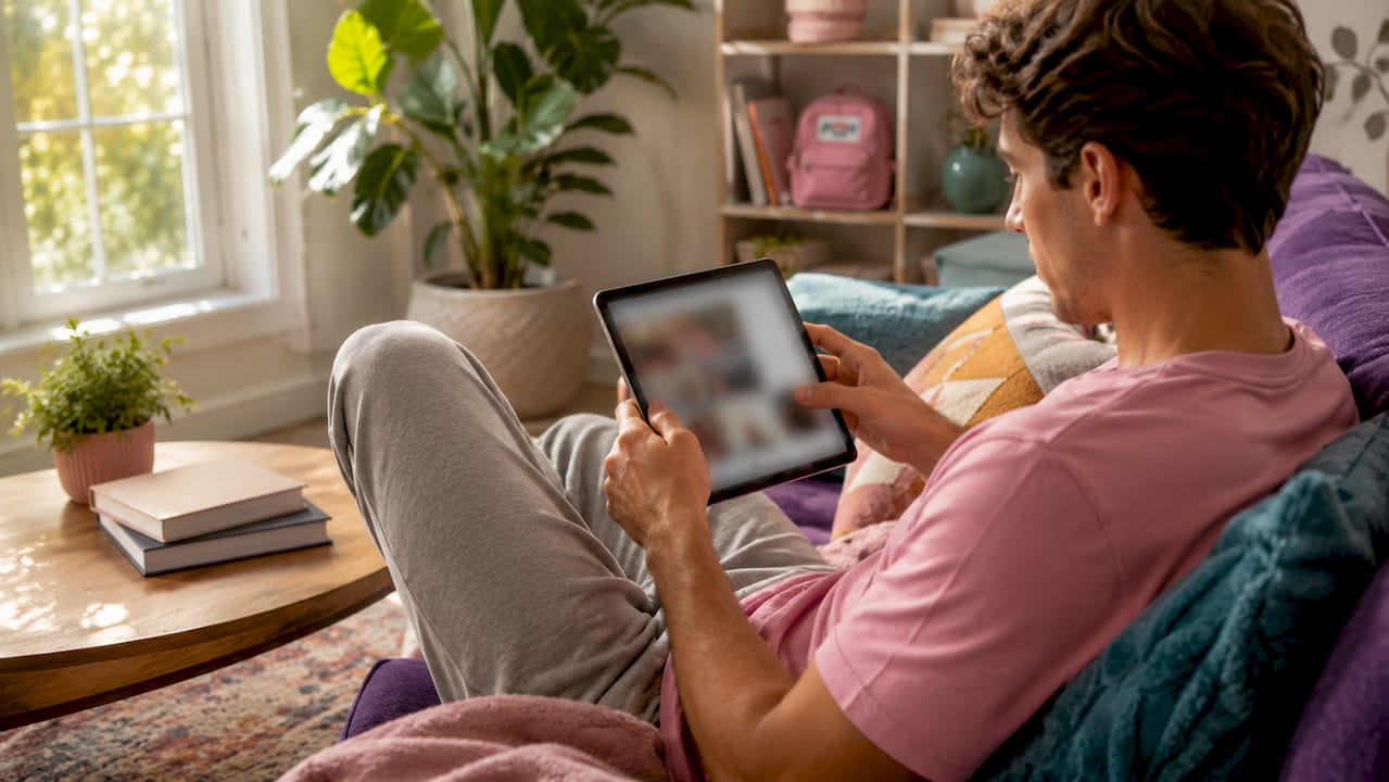 Young man browsing digital marketplaces on tablet