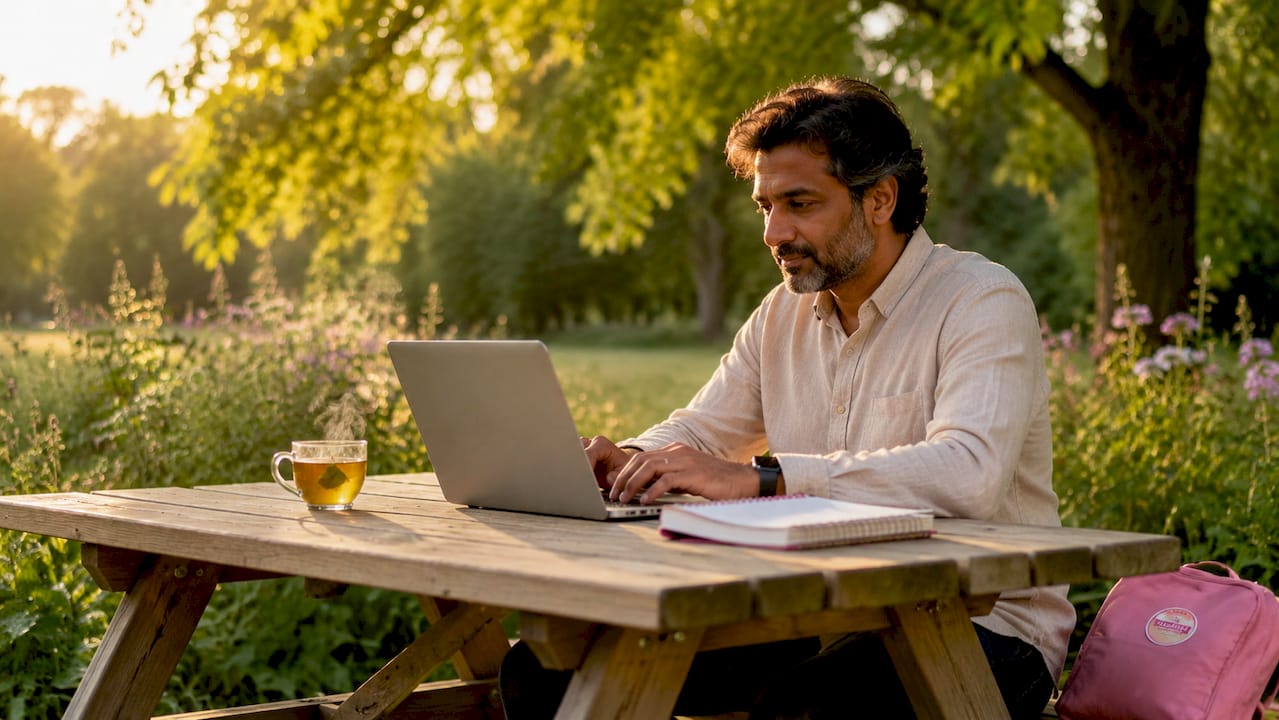Man typing on laptop at cafe table