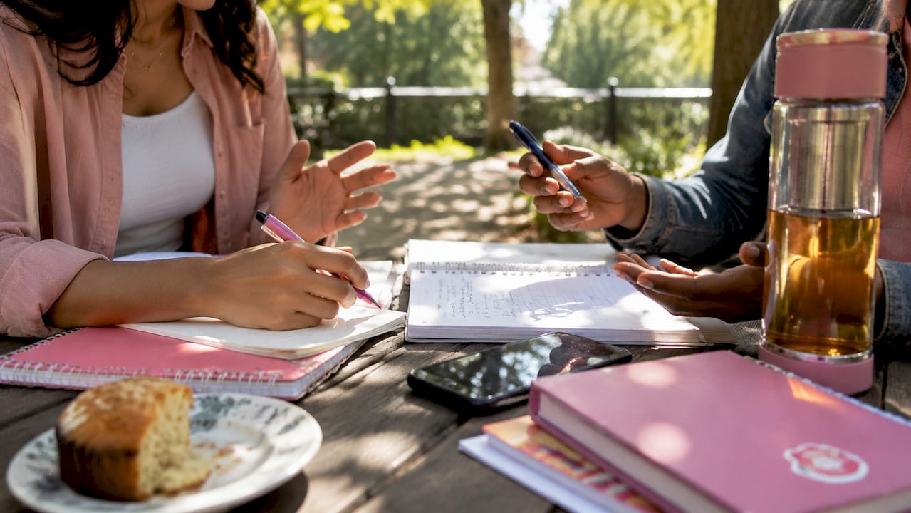 Hands reviewing notes and phones at café table