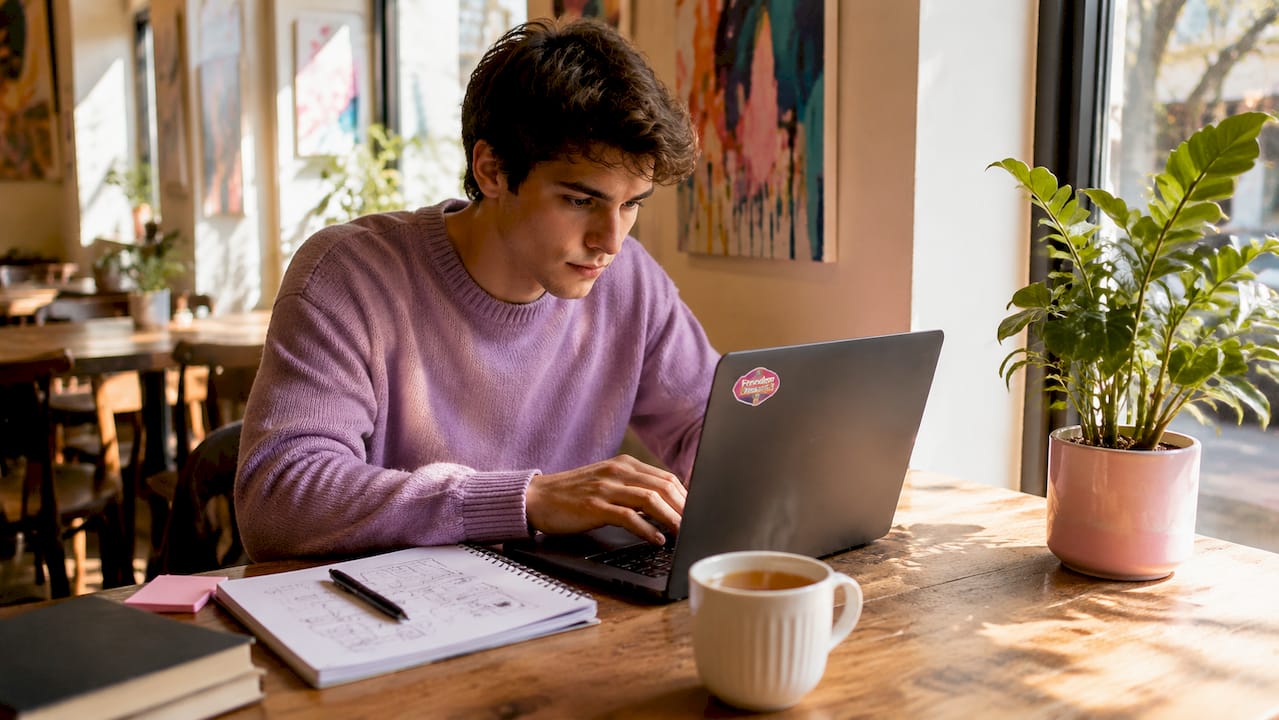 Student focused on creating digital product in library