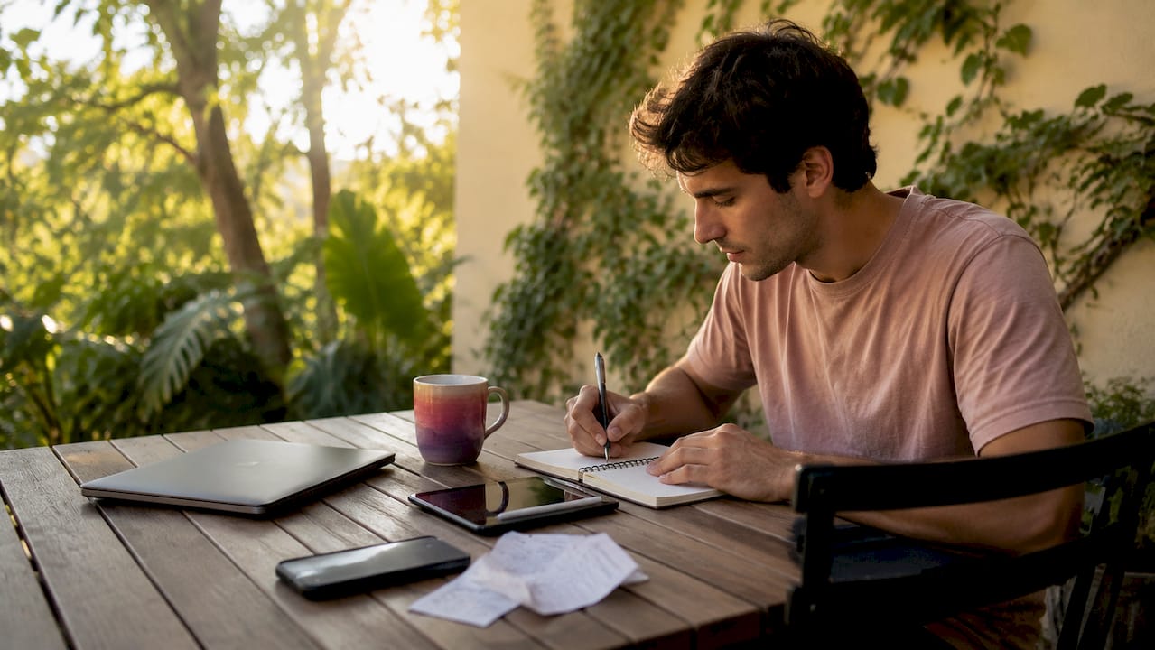 Student planning freelance income at café table