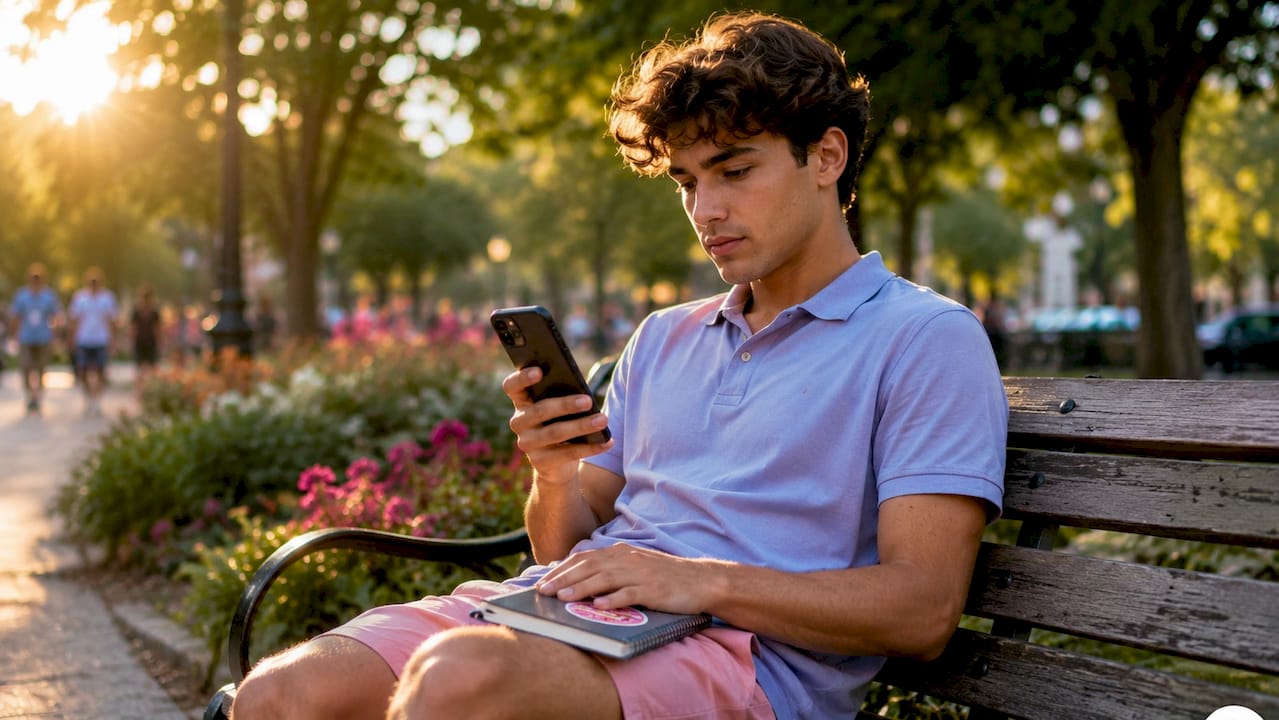 Student contemplating online income outdoors