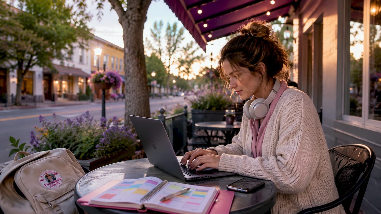 Student working consistently on laptop in library