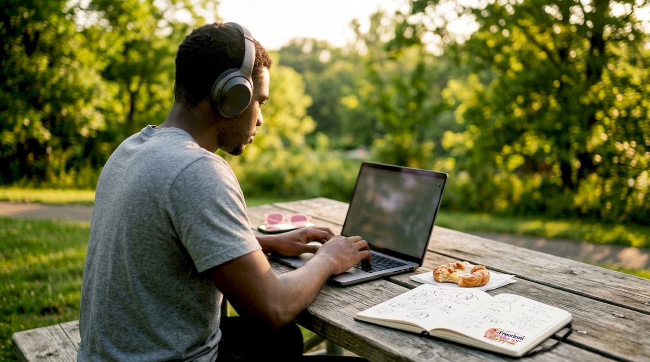 Young man freelancing on laptop in cafe