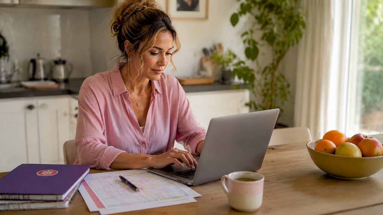 Hands typing with business account passbook nearby