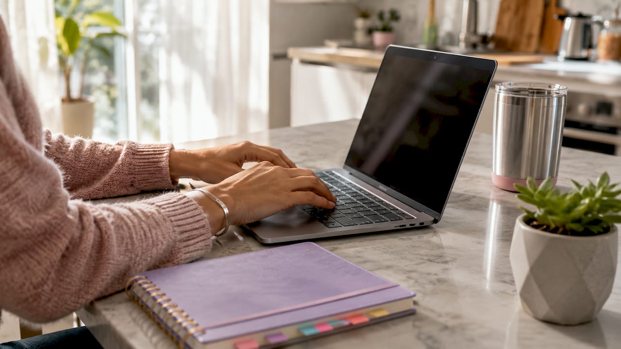 Close-up of hands typing on laptop keyboard