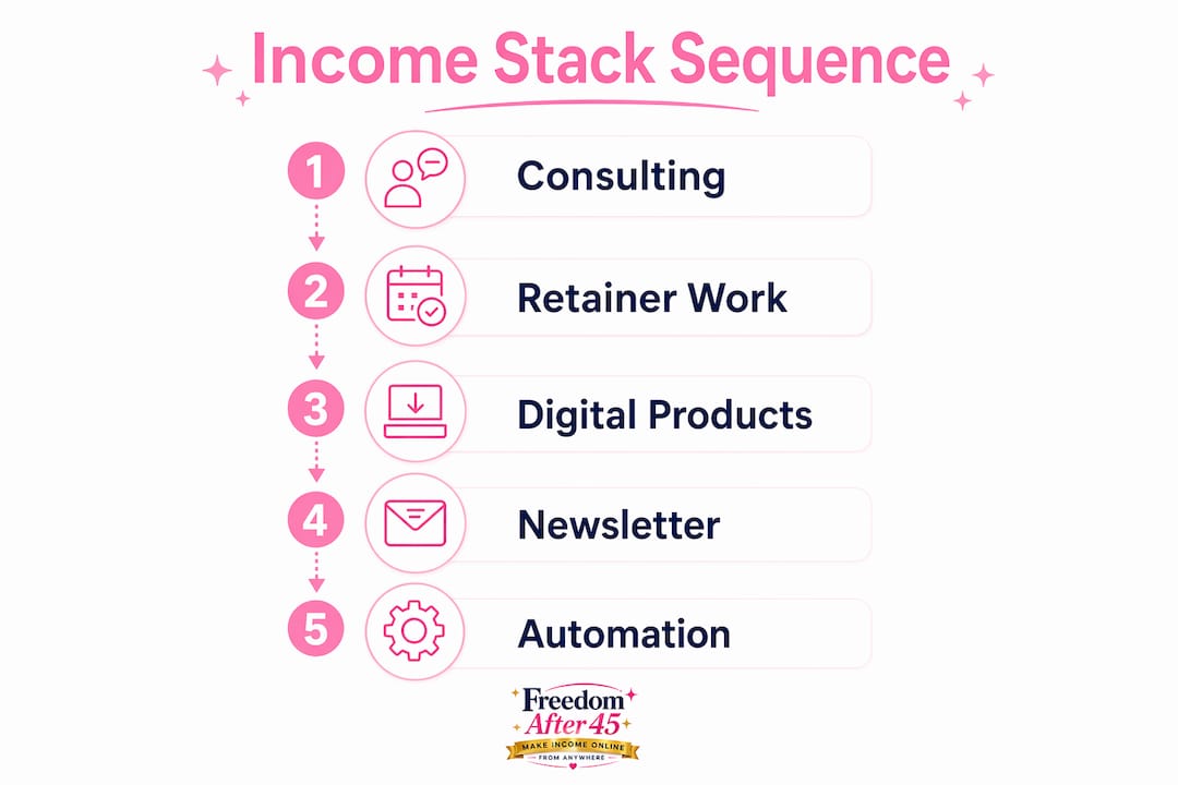Infographic showing income stream stacking sequence in vertical steps