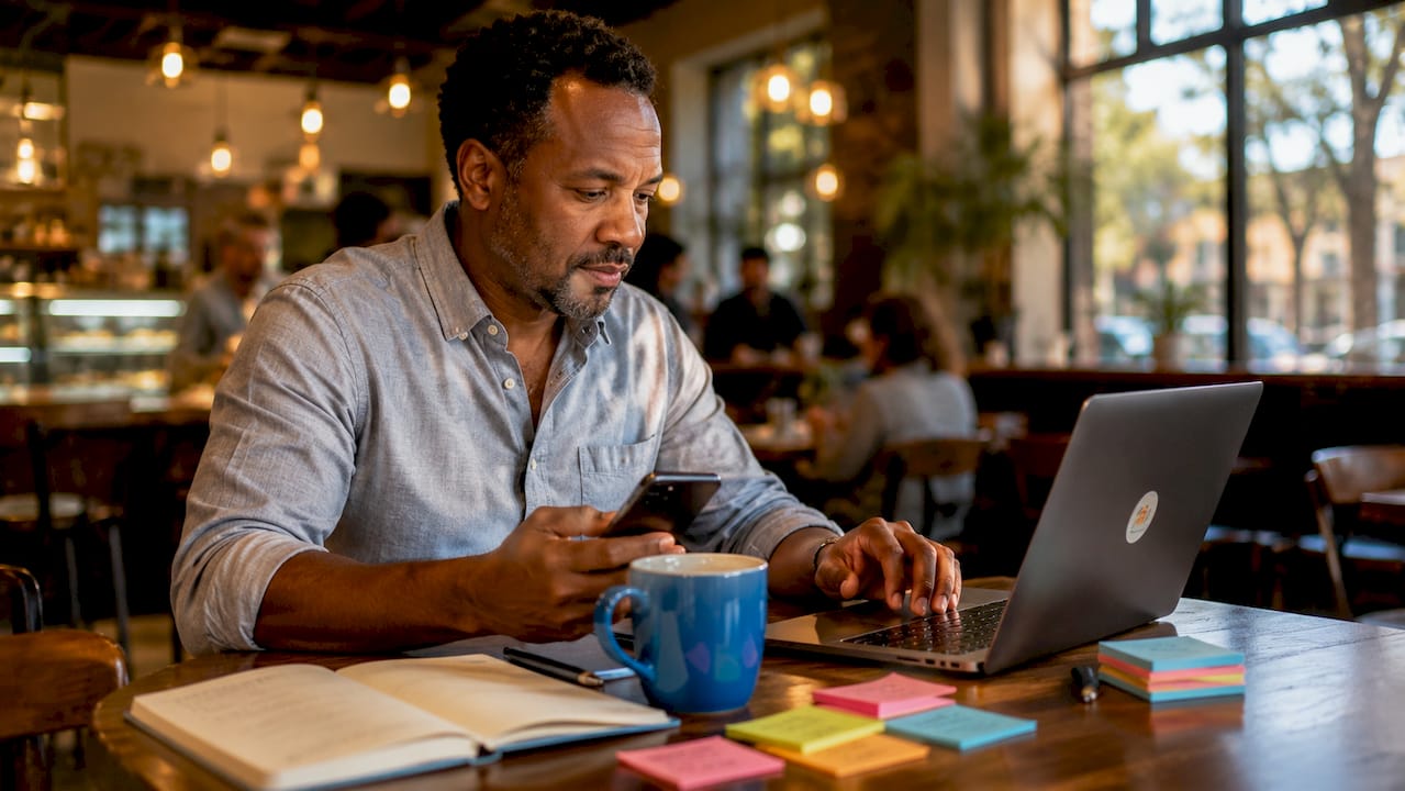 Entrepreneur multitasking with laptop and phone