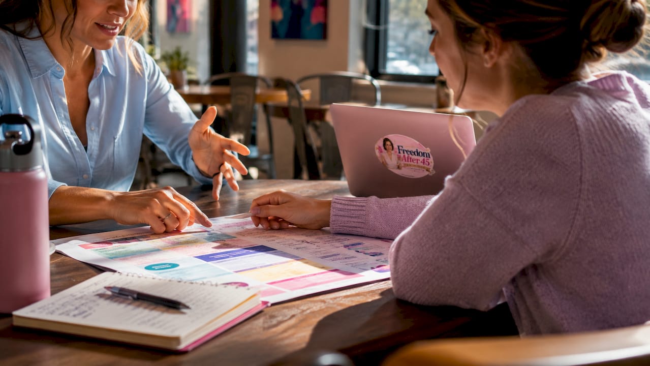 Hands exchanging notes over desk with income materials