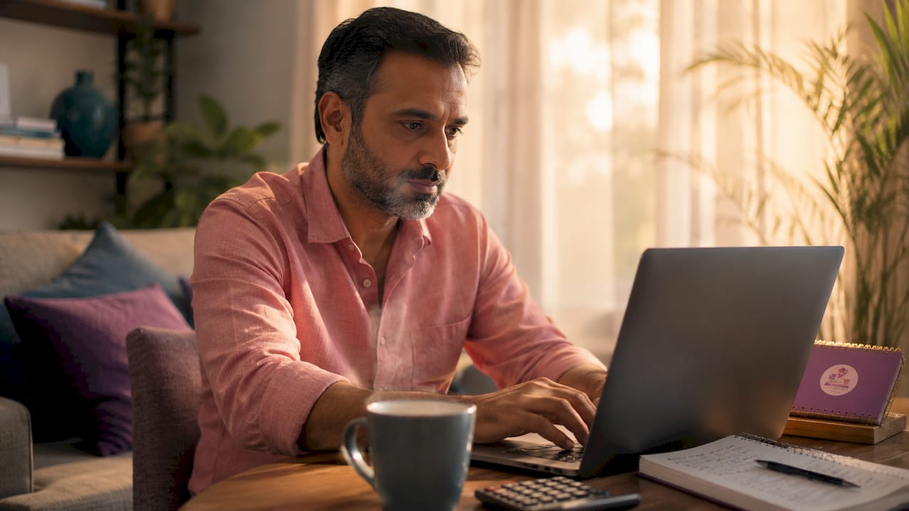 Man generating online income at kitchen table