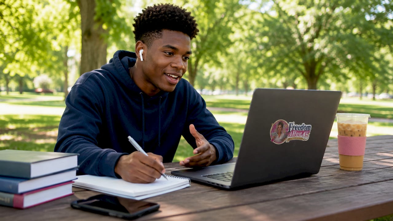 Male student tutoring online in café setting